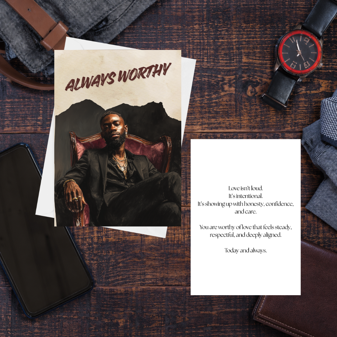 Man in a suit with 'Always Worthy' text on a wooden surface with accessories.