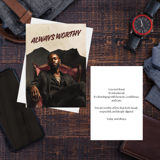 Man in a suit with 'Always Worthy' text on a wooden surface with accessories.